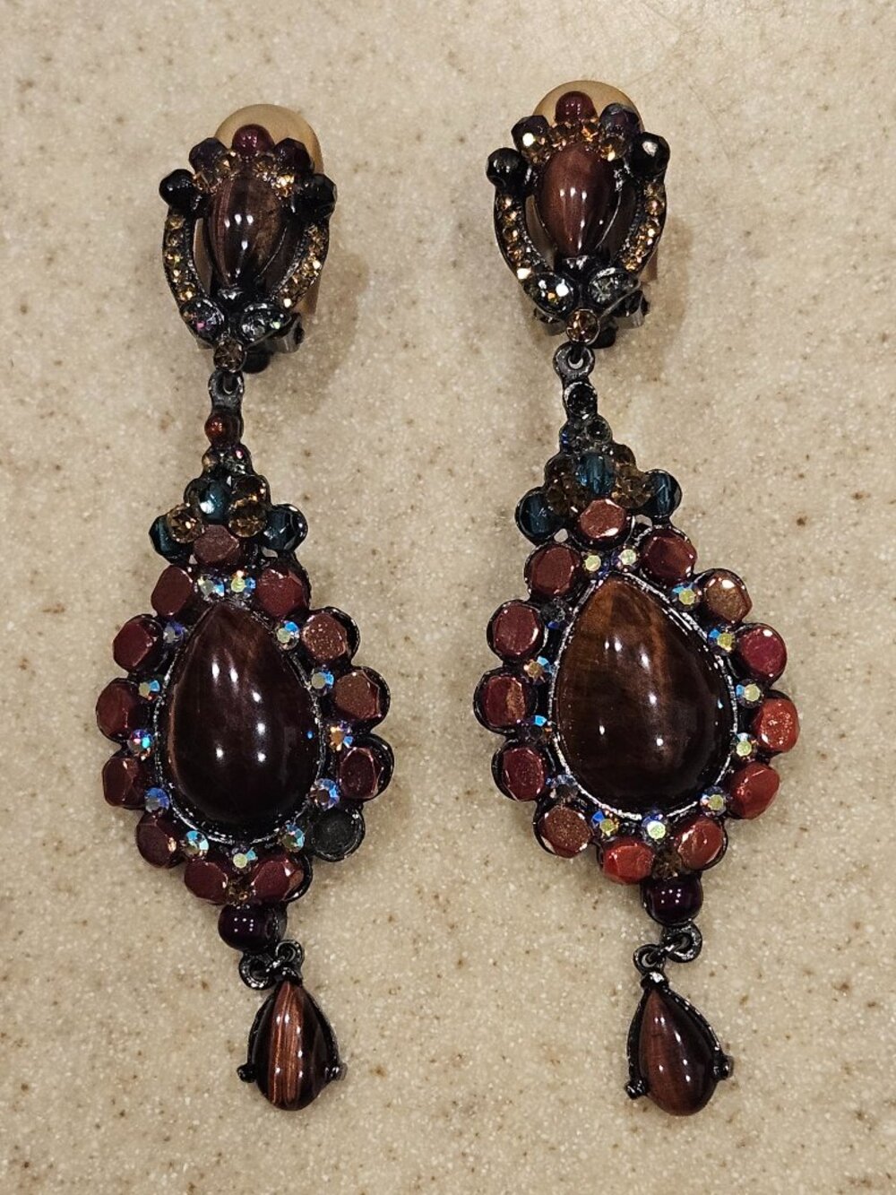 VINTAGE JOSE & MARIA BARRERA BOHEMIAN CRYSTAL CABOCHON CHANDELIER DROP EARRINGS